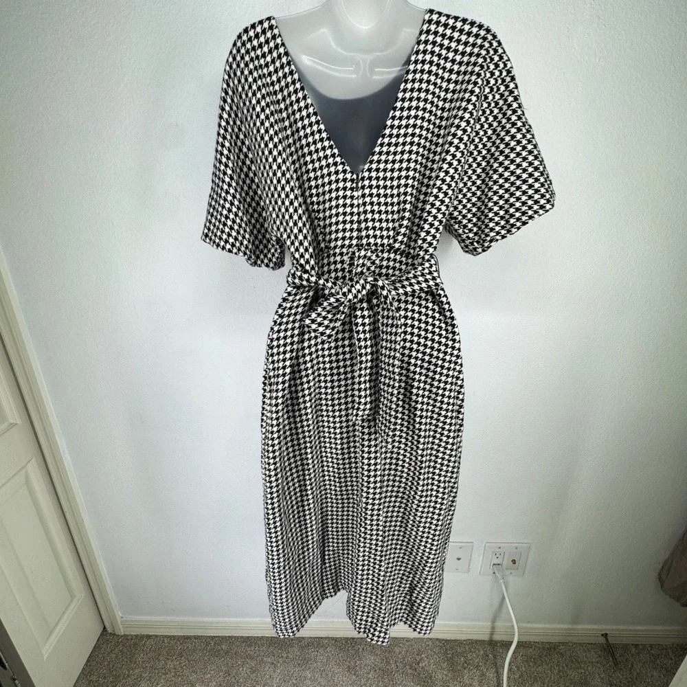 Zara Houndstooth Flutter Sleeve Midi Dress Tie‎ Small Retro Pin Up French Girl